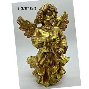 Vintage Angel Horn Musician Resin Gold Color Christmas Decor Figure 8 3/8" Tall